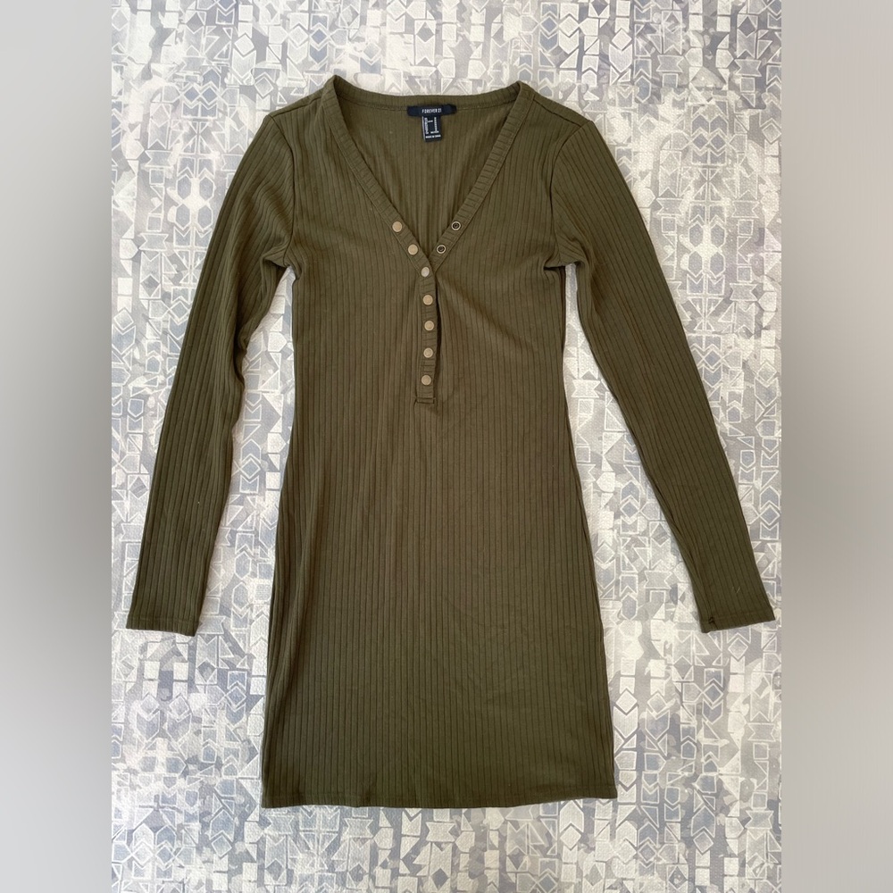 Olive Green Ribbed Button up Sweater Dress